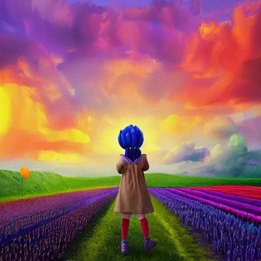 Image similar to girl with singular giant tulip as a head, surreal photography, flower field, sunset dramatic light, impressionist painting, colorful clouds, blue sky, digital painting, artstation, simon stalenhag