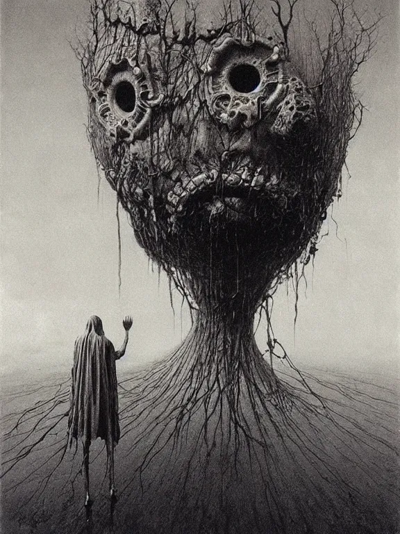 Image similar to aspic on plate, art by beksinski, bernie wrightson, trending on artstation, optical illusion, horror film, creepypasta