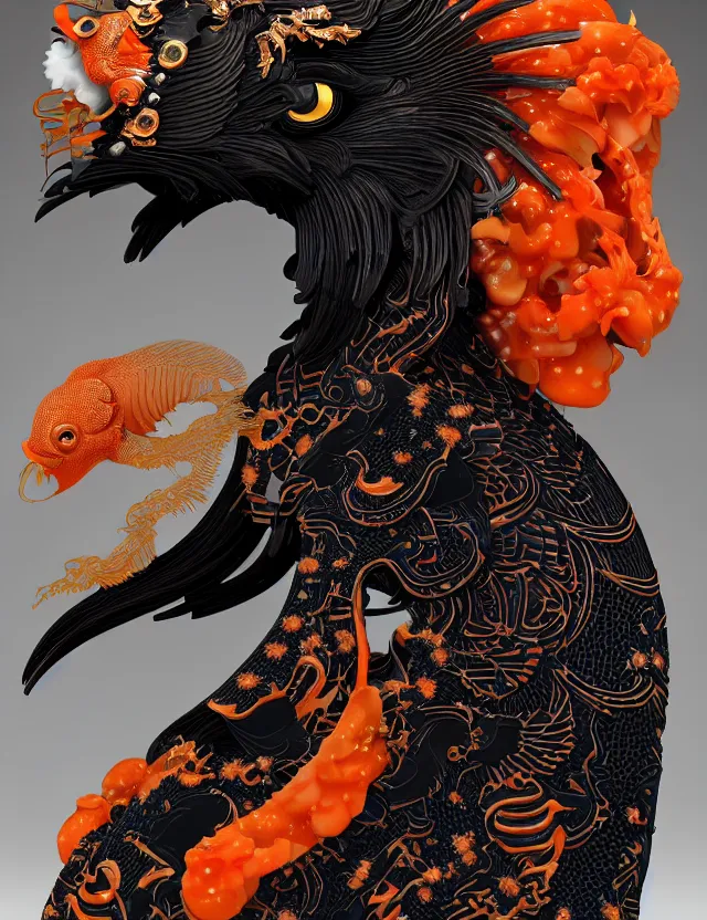 Image similar to 3 d goddess close - up profile portrait biomechanics with ram skull. beautiful intricately detailed japanese crow kitsune mask and clasical japanese kimono. betta fish, jellyfish phoenix, bio luminescent, plasma, ice, water, wind, creature, artwork by tooth wu and wlop and beeple and greg rutkowski. gold black teal and orange color scheme