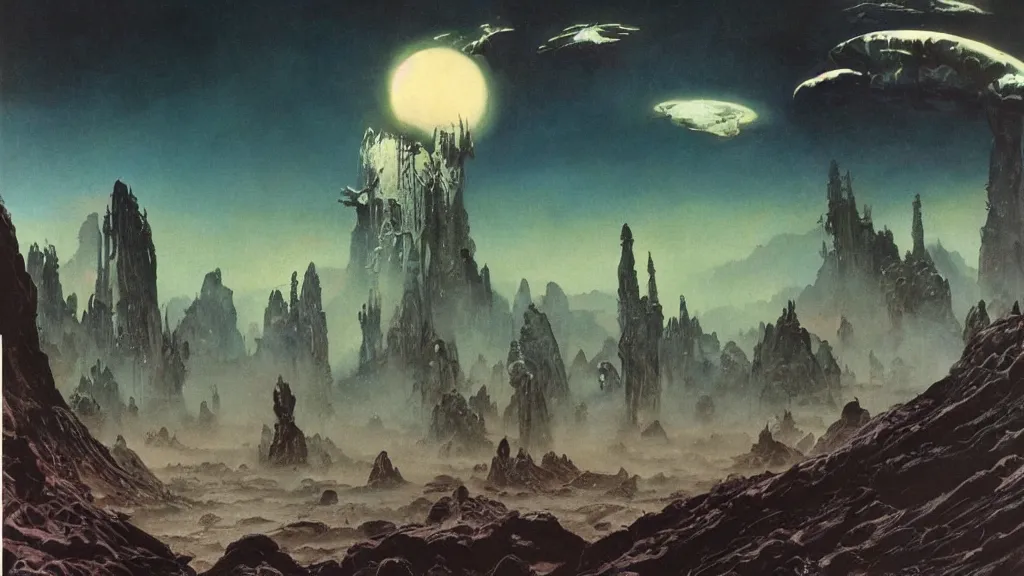 Image similar to surreal eerie alien planet empire by frank frazetta and bruce pennington, cinematic matte painting