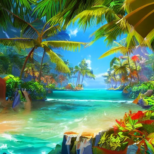 Image similar to tropical paradise, artstation.