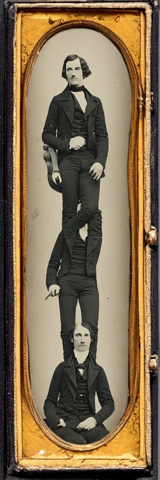 Prompt: Daguerreotype of a man done up in 80s style clothes, classical portrait, 1849
