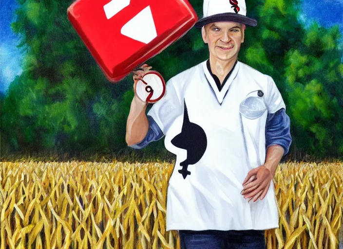 Image similar to painting of paul pater dressed as nurse with a chicago white sox hat in the middle of a corn field