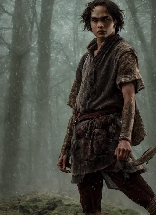 Prompt: frank dillane plays ashitaka in the live action adaptation of princess mononoke, film still, full body portrait, 3 5 mm, highly detailed, dynamic lighting, intricate, digital painting, liam wong