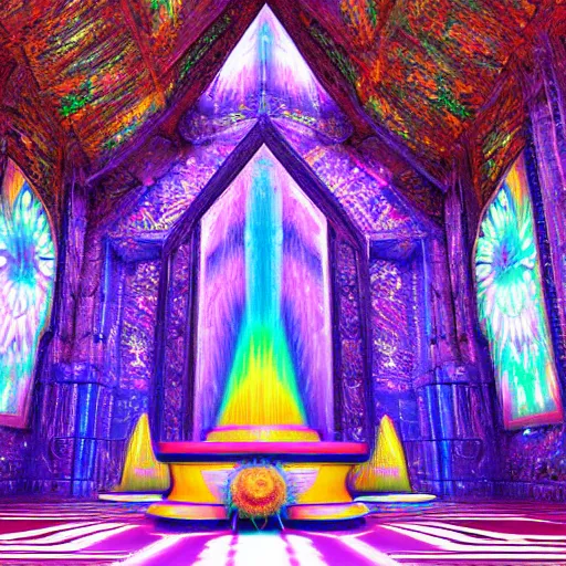 Image similar to Psychedelic crystalline cathedral altar Visionary Sacred Holy Detailed Ben Ridgway art style 8K Detail Colorful Awesome VRay Unreal Engine 5 Substance Designer Octane Render LightWave 3D 3Delight 3D shading 3ds Max