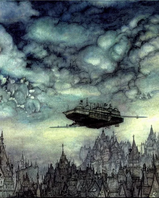 Prompt: Fantasy village, view of the sky above. The sky is completely covered to the horizon by an incredibly huge airship-like ship. The ship flies among the clouds. Dark colors, extremely high detail, realistic, dark fantasy art, masterpiece, 8k, octane rendering, Arthur Rackham painting, art by Victoria Frances, Frank Frazetta.