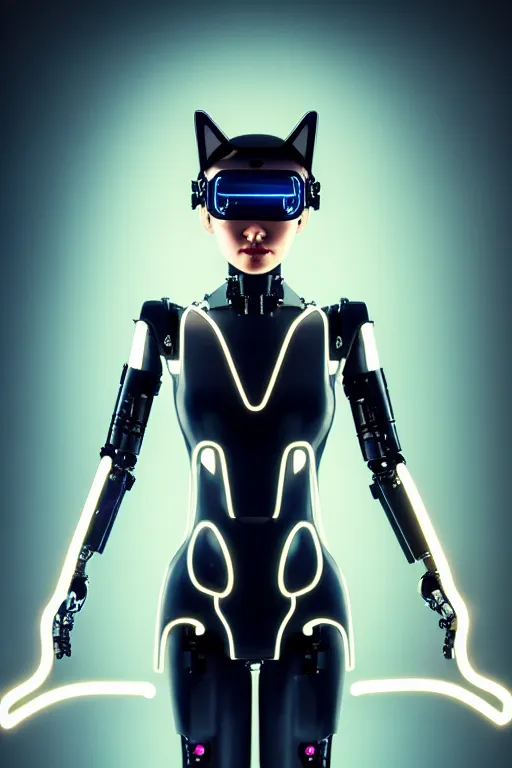 Image similar to cybernetic ultra high tech female robot with cat ears, neo - rococo, sci - fi, cyberpunk, high tech, futurism, exoskeleton, symmetry, cinematic, elegant, luxury, perfect light, perfect composition, dlsr photography, sharp focus, 8 k, ultra hd, sense of awe, highly detailed, realistic, intricate, science journal cover