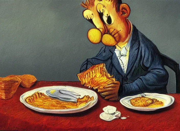 Image similar to detailed realistic realism painting of garfield eating lasagna at dusk, in the style of vincent van gogh and salvador dali and leonardo da vinci