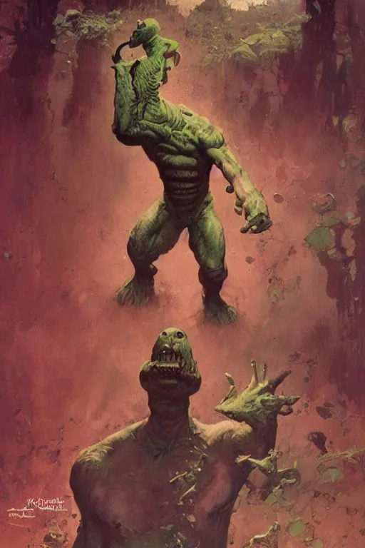 Prompt: full body portrait of huge slimy hairless bipedal ogre, by norman rockwell, jack kirby, jon berkey, earle bergey, craig mullins, ruan jia, jeremy mann, tom lovell, marvel, astounding stories, 5 0 s pulp illustration, scifi, fantasy, artstation creature concept