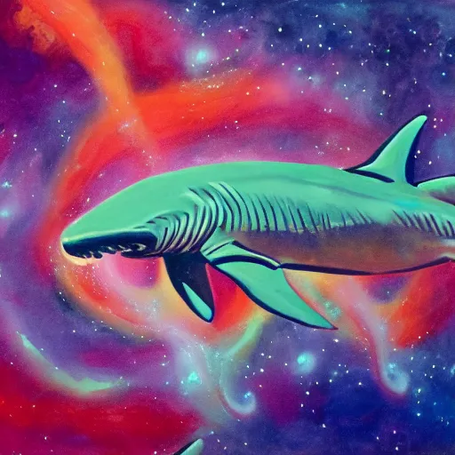 Prompt: gouache painting of a nurse shark flying through a swirling, luminous nebula