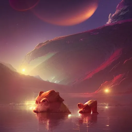 Image similar to Astronauts and some mythical animals are resting to the side of a reflecting lake, this is a surface of a planet with wacky wildlife, some planets and nebulas are as background, by Jordan Grimmer digital art, trending on Artstation,