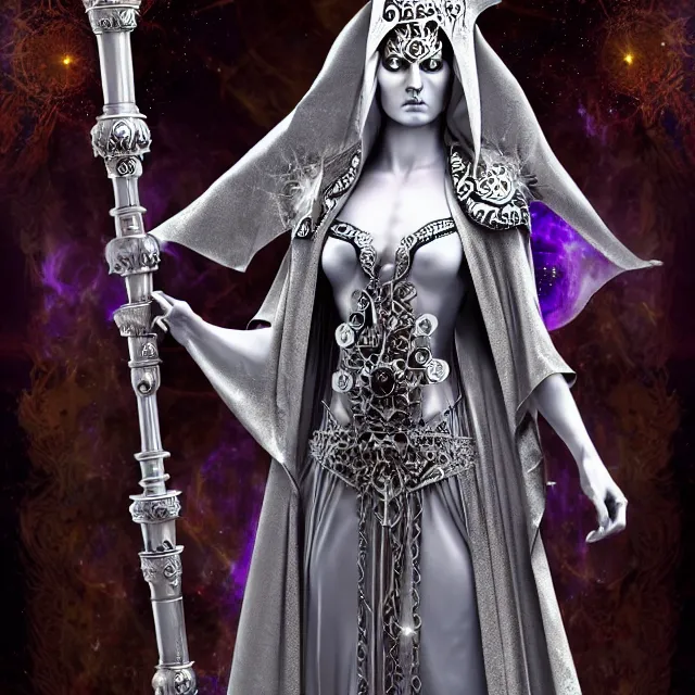 Prompt: elemental moon witch in ornate silver robes and staff, highly detailed, 8 k, hdr, anne stokes