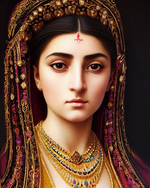 Image similar to photo of a gorgeous young yezidi woman wearing elaborate baroque jewelry and face tattoos in the style of stefan kostic, realistic, sharp focus, symmetric, 8k high definition, insanely detailed, intricate, elegant, art by stanley lau and artgerm, William-Adolphe Bouguereau