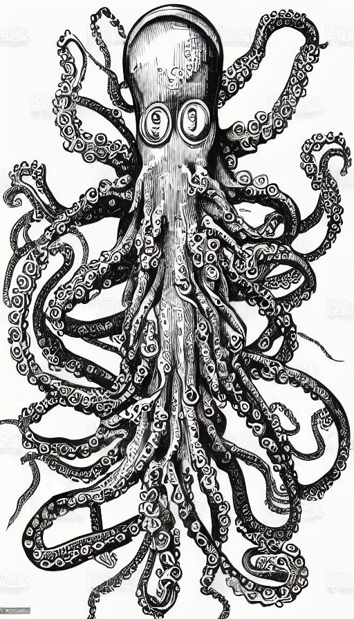 Image similar to robot with octopus tentacles, hand drawn illustration, antique style poster, highly detailed vector art