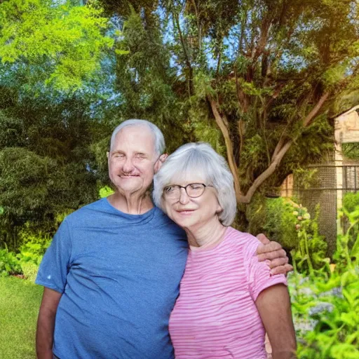 Image similar to a man and a woman around 3 0 years are standing in the backyard of a downtown home. natural faces, realistic colors, detailed photo 8 k