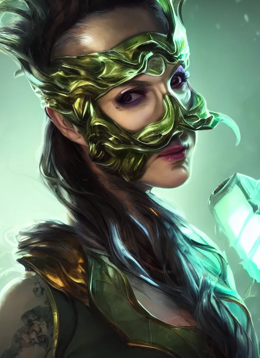 Image similar to renata glasc, from league of legends, chemical baroness wearing a toxic mask, au naturel, hilo, hyper detailed, digital art, trending in artstation, cinematic lighting, studio quality, smooth render, unreal engine 5 rendered, octane rendered, art style by klimt and nixeu and ian sprigger and wlop and krenz cushart