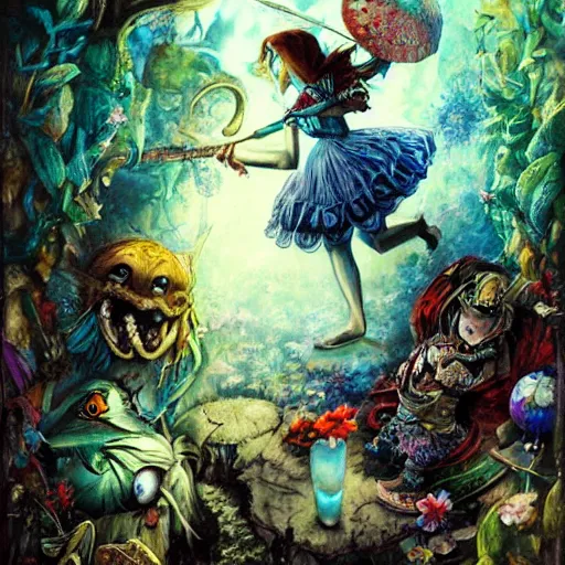 Image similar to alice in wonderland tripping on ayahuasca, intricate detail, painting, royo, frazetta, whealan,