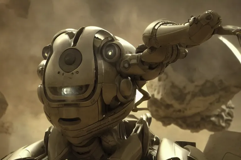 Prompt: VFX movie of a futuristic alien robot mercenary closeup in war zone, natural lighting by Emmanuel Lubezki