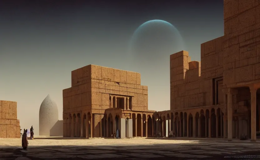 Image similar to exterior shot of utopian ancient persian architecture with cinematic lighting by peter zumthor and renzo piano, darek zabrocki and greg ruthkowski, simon stalenhag, m. c. escher vibe, cinematic, holy place, paradise, scifi, futurism, atmospheric, concept art, artstation, trending on artstation