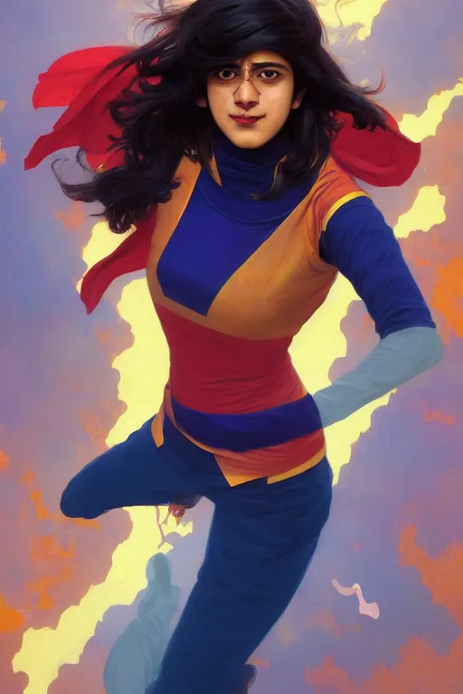 Image similar to A Full View of Kamala Khan played by Iman Vellani, filled with wonder. MCU. John hughes film. masterpiece 4k digital illustration by Ruan Jia and Mandy Jurgens and Artgerm and greg rutkowski and Alexander Tsaruk and WLOP and william-adolphe bouguereau, award winning, Artstation, art nouveau aesthetic, Alphonse Mucha background, intricate details, realistic, panoramic view, Hyperdetailed, 8k resolution, intricate art nouveau