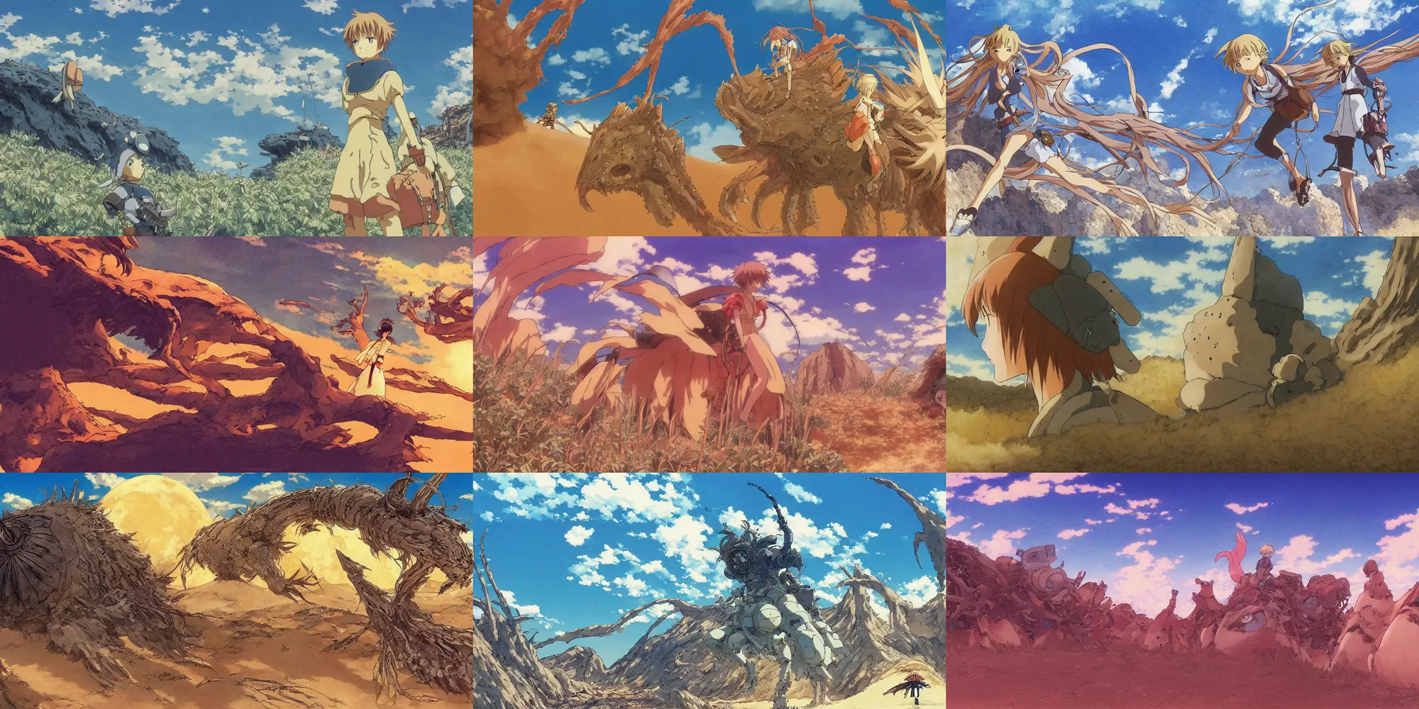 Prompt: anime movie screenshot, by ( ( ( ( ( ( ( yoshitaka amano ) ) ) ) ) ) ), by ghibli!!! nausicaa!!!!!, desert!!!!!!!!!!!, sand, scenic, miyazaki