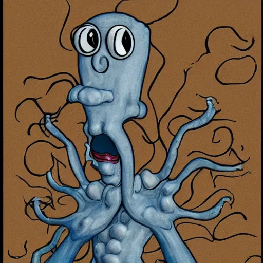 Prompt: squidward as a dark souls boss by louise bourgeois