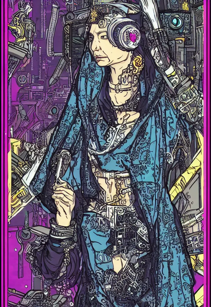 Image similar to the queen of cups as a cyberpunk tarot card