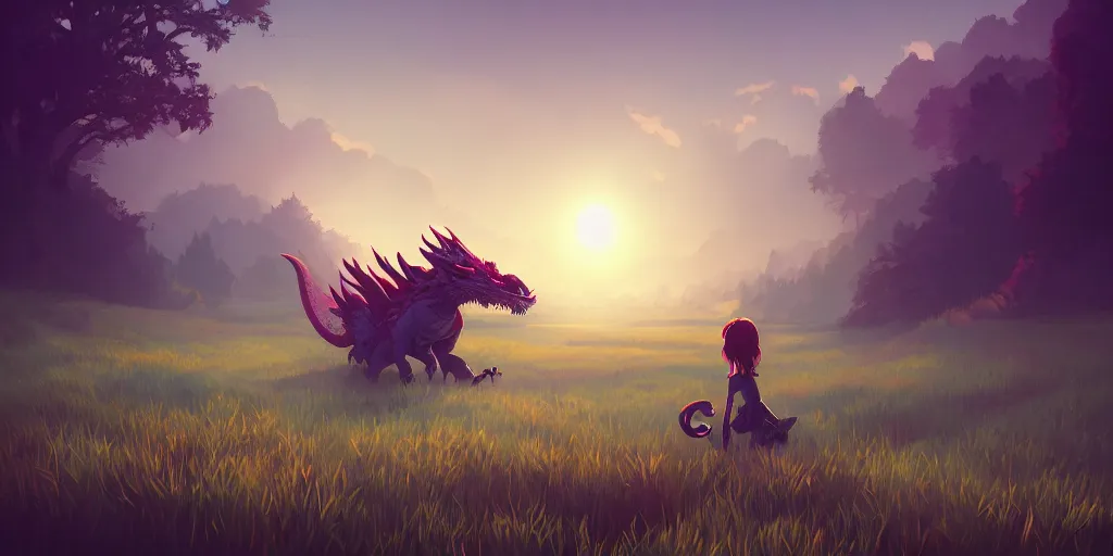 Prompt: A dragon stands in the middle of a meadow, dark atmosphere, mattepainting concept Blizzard pixar maya engine on stylized background splash comics global illumination lighting artstation lois van baarle, ilya kuvshinov, rossdraws