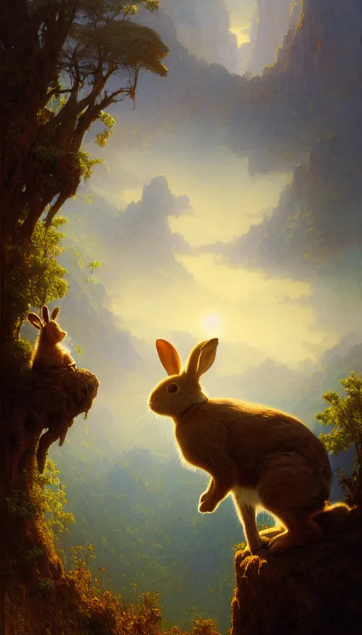 Image similar to rabbit looking off of a cliff, sun setting behind rabbit, lush forest in valley below, painted by tom bagshaw, james gurney, gaston bussiere, craig mullins, j. c. leyendecker 8 k