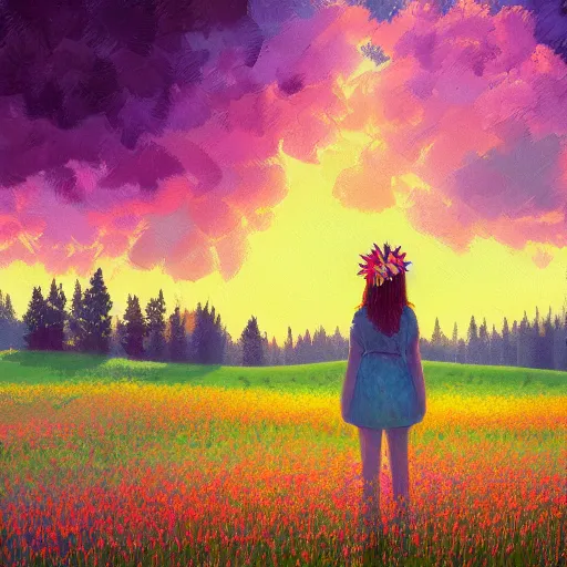 Image similar to girl with one flower head, in a field with flowers, hills, big trees, sunrise dramatic light, impressionist painting, colorful clouds, digital painting, pointillism, artstation, simon stalenhag