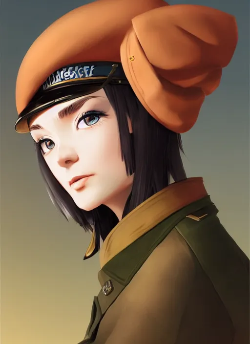 Image similar to portrait bust of young woman with light brown hair and hazel eyes dressed in a sharp dark teal military uniform with beret, saluting, smiling at camera, ilya kuvshinov, loish, anime, artstation trending, digital art