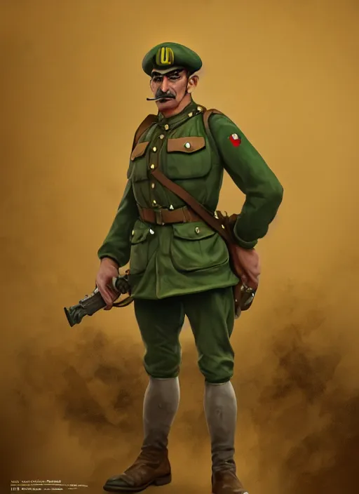 Prompt: luigi as ww 1 soldier, ultra detailed, trending on artstation, concept art, octane render, unreal engine,