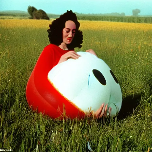 Image similar to A sad woman wearing a smiling inflatable toy in a meadow, 1980, color film expired film, aged photo, fellini almodovar john waters