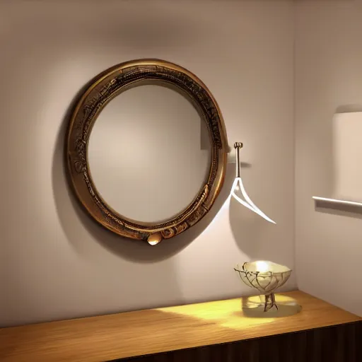 Prompt: a mirror but in the reflection is a fantasy world, dynamic lighting, photorealistic, ambient lighting