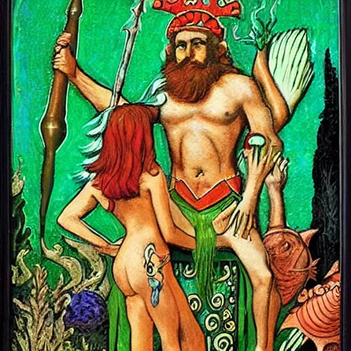 Image similar to by bill medcalf, by milo manara decorative neon green. a performance art of a mythological scene. large, bearded man seated on a throne, surrounded by sea creatures. he has a trident in one hand & a shield in the other. behind him is a large fish. in front of him are two smaller creatures.