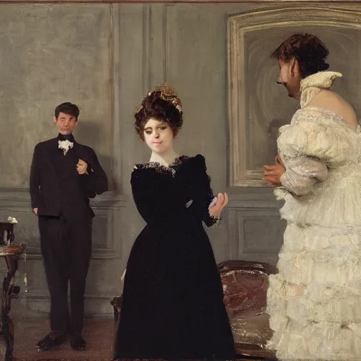 Prompt: young lady in ball gown and young worker in an old suit talking by alfred stevens
