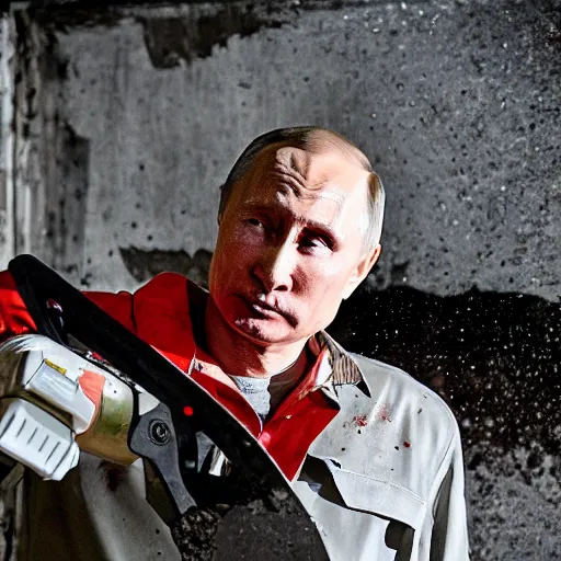 Image similar to putin with a chainsaw and a corpse. in a concrete bunker. focus on putins face with blood splatters. canon eos r 3, f / 1. 4, iso 1 6 0 0, 1 / 8 0 s, 8 k, raw, grainy