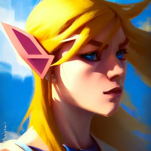 Prompt: portrait of a female Link from legend of Zelda, medium shot, asymmetrical, profile picture, Organic Painting, sunny day, Matte Painting, bold shapes, hard edges, street art, trending on artstation, by Greg Manchess and Huang Guangjian and Gil Elvgren and Sachin Teng