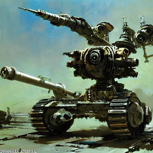 Image similar to a futuristic mech tank with six robot legs and a huge cannon, painting by john berkey