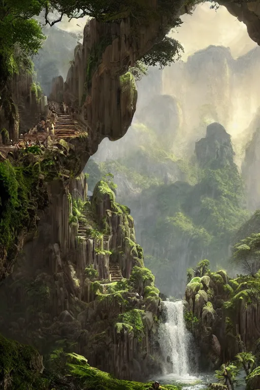 Image similar to carved into a Mountain a temple above a waterfall, arches adorned pillars, archways, gnarly trees, lush vegetation, forrest, a small stream runs beneath the waterfall, landscape, raphael lacoste, eddie mendoza, alex ross, concept art, matte painting, highly detailed, rule of thirds, dynamic lighting, cinematic, detailed, denoised, centerd