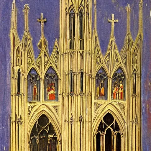 Prompt: International Gothic painting of cathedral, from late 14th century