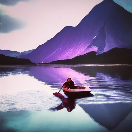 Image similar to balrog on a boat in beautiful mountain lake at night still water aesthetic purple clouds