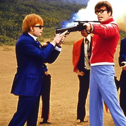 Prompt: austin powers shooting an ak - 4 7, photography, movie,