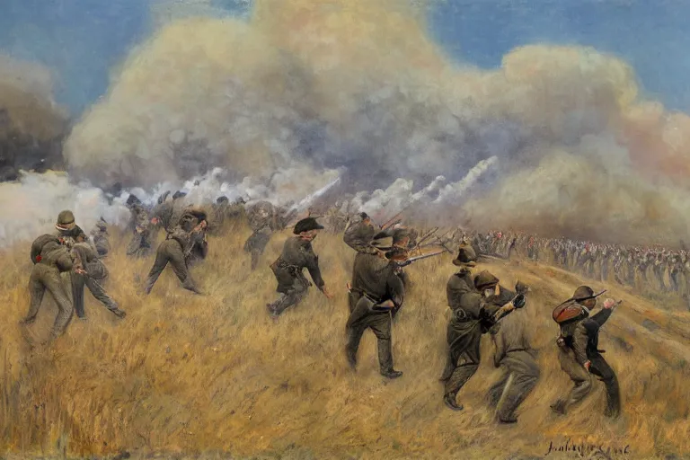 Image similar to american civil war trench battle in the style of jules breton, huge explosions everywhere, clouds of smoke