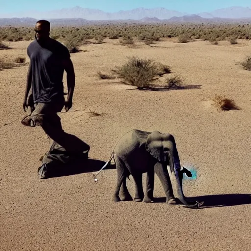 Image similar to kanye west is smoking a blunt in the desert riding an elephant