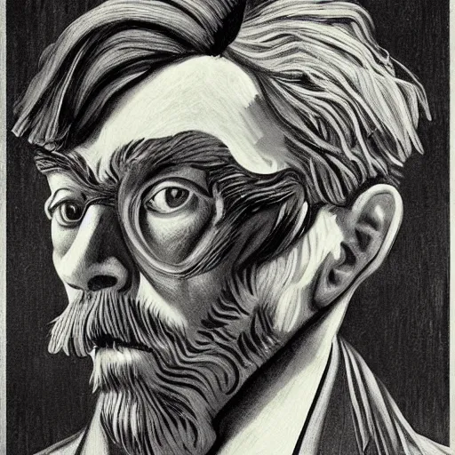 Image similar to portrait mash - up between mc escher and vincent van gogh