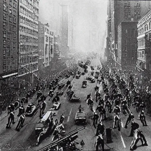 Prompt: old black and white photo, 1 9 1 3, depicting terminators rampaging through the bustling streets of new york city, historical record