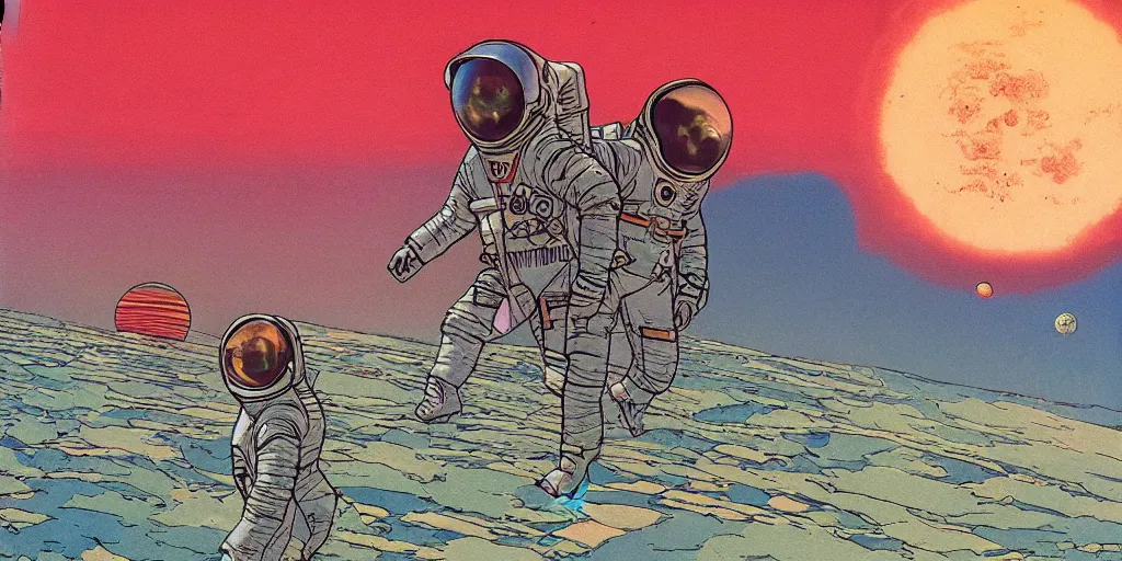 Prompt: grainy science fiction concept art of two cosmonauts exploring a vast unknown world, vintage, large colorful flora, alien world, two muted suns in the sky, moebius color palette, painting by moebius and satoshi kon and dirk dzmirsky