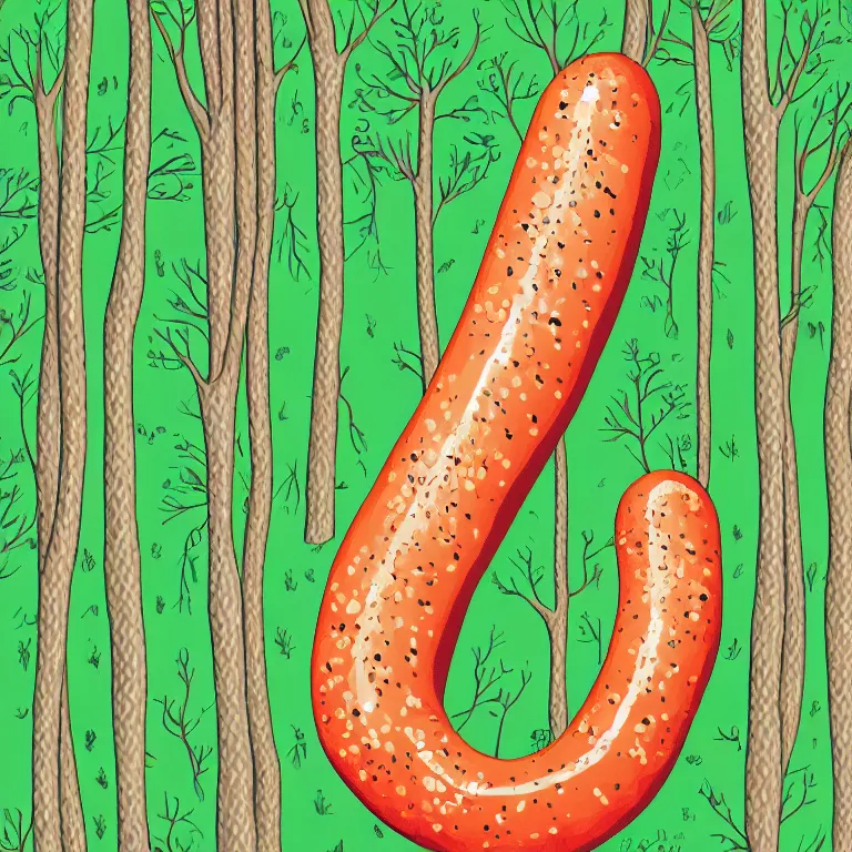 Prompt: illustration of a forest with a giant sausage, highly detailed, by Malika Fayre