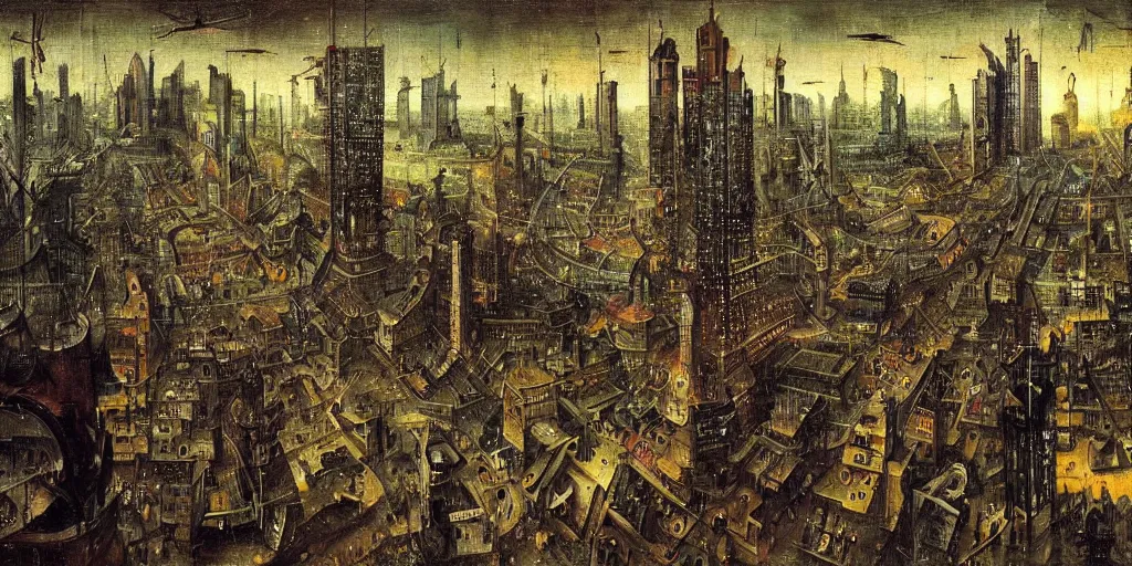 Image similar to view of a crowded cyberpunk city at night painted by hieronymus bosch, highly detailed, intricate, cyberpunk, colourful, night time, art by hieronymus bosch